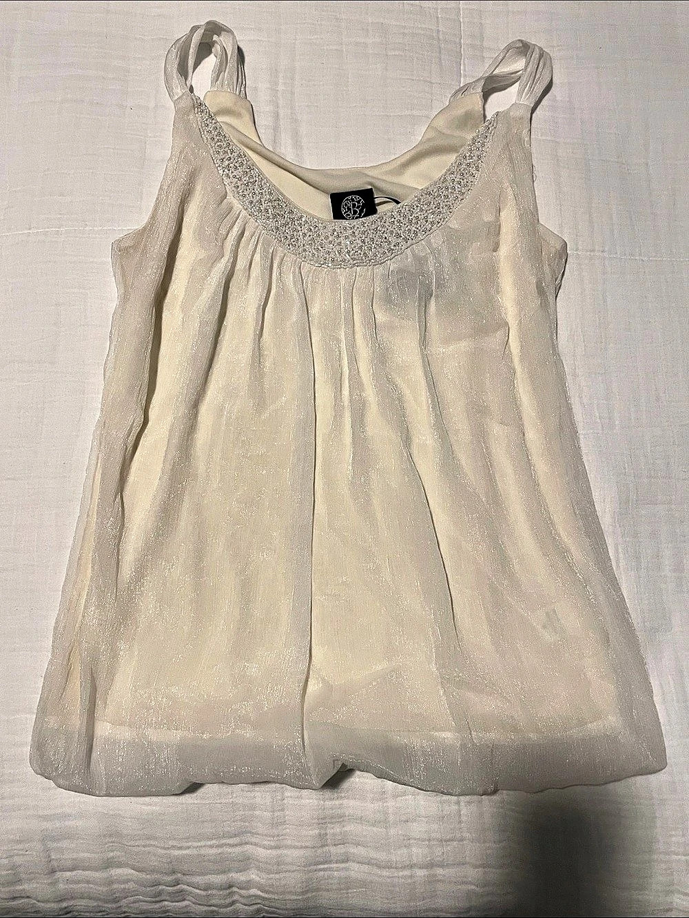 Bonsai  Sheer Sparkle Tank Top in ivory with beaded collar